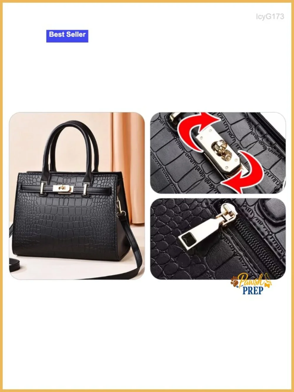 Croc-Embossed Faux Leather Top Handle Satchel Bag with Gold Lock